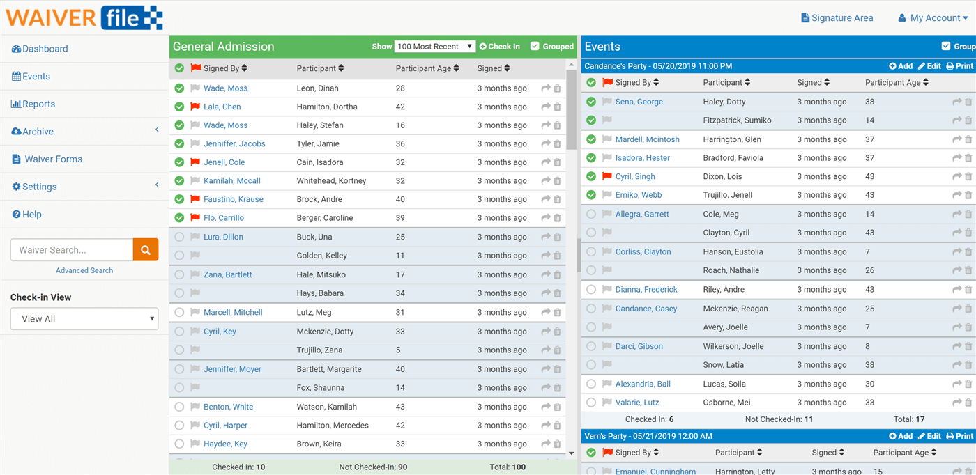 Waiver Check-in Dashboard